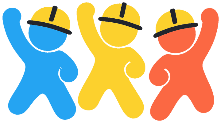 ヘルメットをかぶって手を挙げる3人